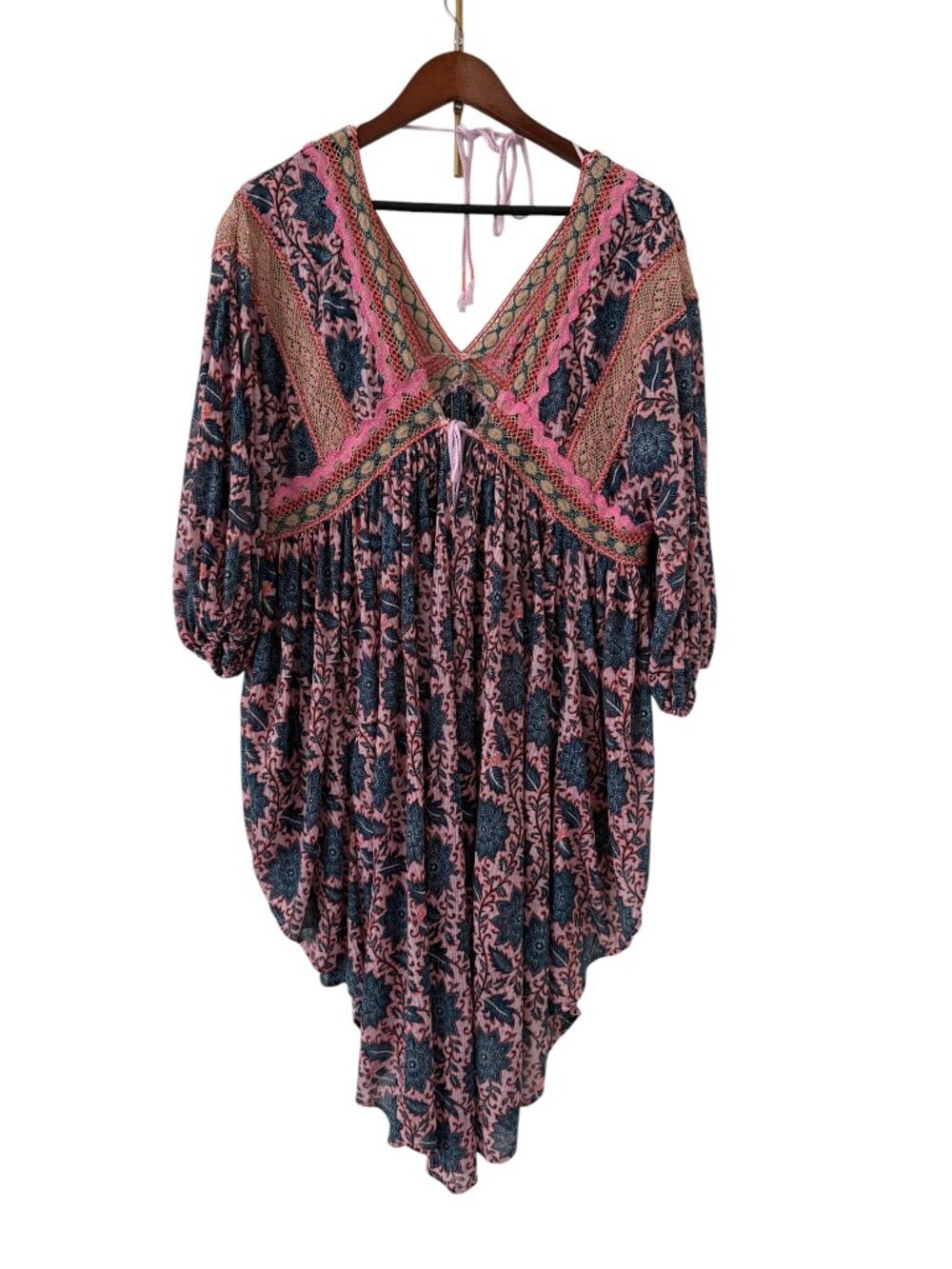 Free People Printed Boho Tunic Dress- S- Navy/Pink/Floral